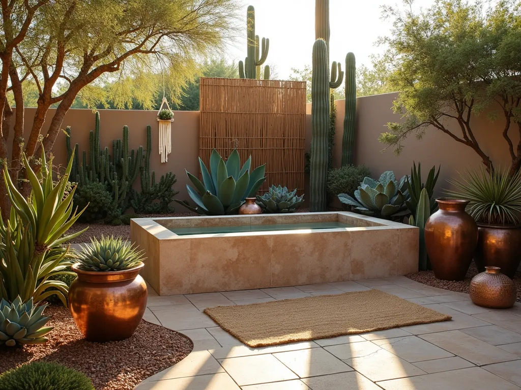 Modern Desert Oasis Garden Retreat - A serene outdoor desert-inspired garden space at golden hour, featuring a luxurious stone soaking tub surrounded by an artful arrangement of diverse cacti and succulents in varying heights. Sleek copper and bronze planters of different sizes create visual interest, while natural jute rugs and woven rattan screens add texture. Terra cotta pottery and weathered limestone pavers complete the southwestern ambiance. Soft evening light casts long shadows across the space, highlighting the sculptural forms of barrel cacti, agave, and echeveria. A handwoven macramé plant hanger holds trailing string of pearls, creating a peaceful desert sanctuary feel.