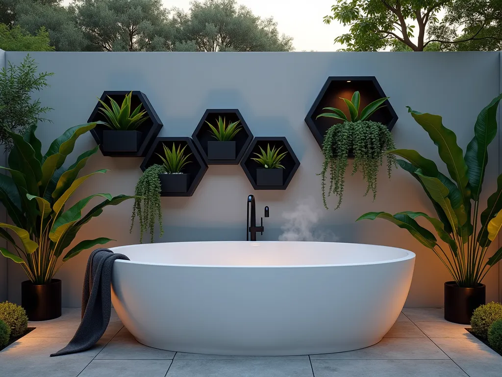 Modern Floating Planters Around Garden Tub - A luxurious outdoor garden tub setting at dusk, photographed at f/2.8 with soft ambient lighting. Minimalist black geometric wall-mounted planters arranged in a striking hexagonal pattern surround the freestanding white soaking tub. Sleek ZZ plants and snake plants with their architectural leaves cascade from the floating planters, creating a modern jungle atmosphere. The scene is captured from a wide angle showing the contemporary outdoor bathroom space with natural stone flooring and subtle uplighting highlighting the plants' silhouettes. Steam rises gently from the water surface, while warm evening light filters through the tropical foliage, creating dramatic shadows on the light gray walls.