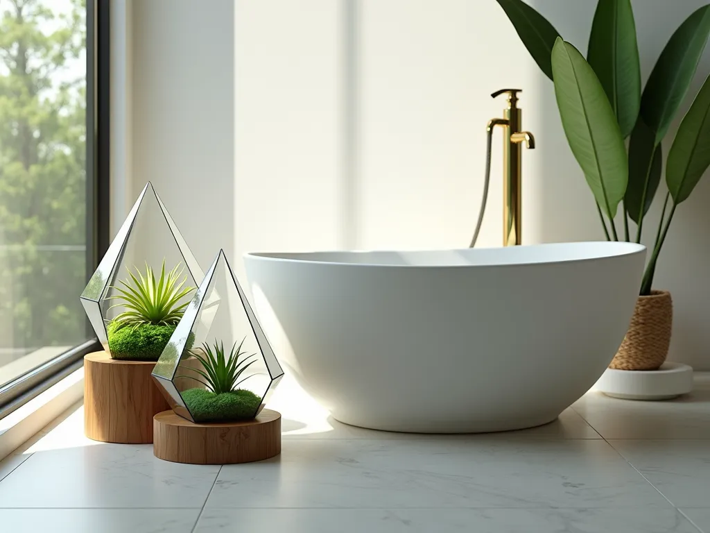 Modern Glass Terrarium Garden Tub Sanctuary - Close-up shot of a luxurious freestanding white garden tub surrounded by sleek geometric glass terrariums of varying sizes. Crystal-clear terrarium vessels feature contemporary hexagonal and triangular shapes, artfully arranged on wooden pedestals of different heights. Inside the terrariums, vibrant Tillandsia air plants and emerald green moss create miniature landscapes. Natural afternoon sunlight streams through a large window, creating prismatic reflections through the glass vessels. The scene captures a serene, spa-like atmosphere with minimalist design elements and botanical accents. Shot with DSLR camera, f/8 aperture, capturing the interplay of light and shadow on the modern bathroom surfaces. 8K resolution, photorealistic quality.