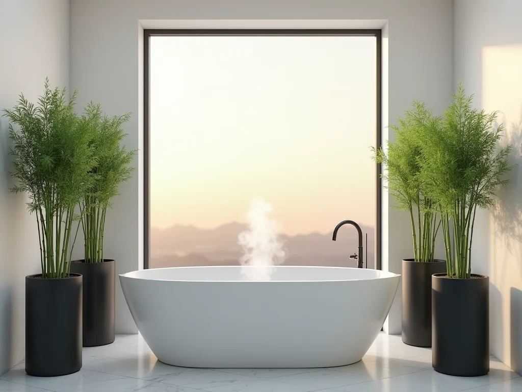 Zen-Inspired Modern Bathroom Garden - A serene modern bathroom setting at dusk, photographed with a DSLR wide-angle lens. Three tall, elegant black cylindrical planters containing fresh green bamboo stalks frame a contemporary freestanding white soaking tub. Natural light filters through a large window, casting gentle shadows across minimalist white walls. The bamboo stalks reach upward, creating clean vertical lines against the geometric simplicity of the space. A small stream of steam rises from the filled tub, adding atmosphere. The composition emphasizes the harmonious blend of organic bamboo elements with modern architectural features, captured with professional lighting at f/8, ISO 100, and 1/125 shutter speed for exceptional clarity and depth.