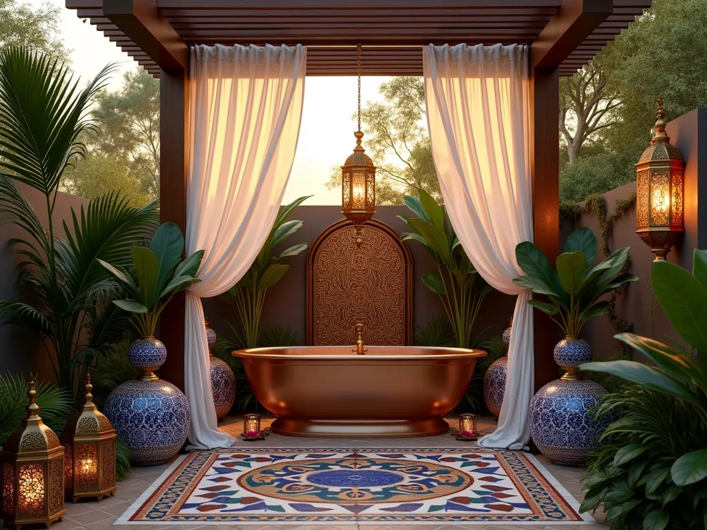 Luxurious Moroccan Garden Bath Retreat - A stunning dusk scene of an outdoor Moroccan-inspired garden bath area. A luxurious freestanding copper tub sits beneath a pergola draped with sheer white curtains, surrounded by intricate blue and gold mosaic planters. Majestic bird of paradise plants and elegant palm fronds create natural privacy screens. Ornate brass Moroccan lanterns hang at varying heights, casting intricate shadow patterns. The space is illuminated by warm ambient lighting, with metallic accent tables holding aromatic oils and bath essentials. Colorful Moroccan tiles line the floor in geometric patterns, while a carved wooden privacy screen adds depth. A gentle water feature provides soothing sounds, and scattered rose petals add romance. Shot from a wide angle to capture the entire peaceful sanctuary, with the golden hour sun creating magical lighting effects through the foliage.