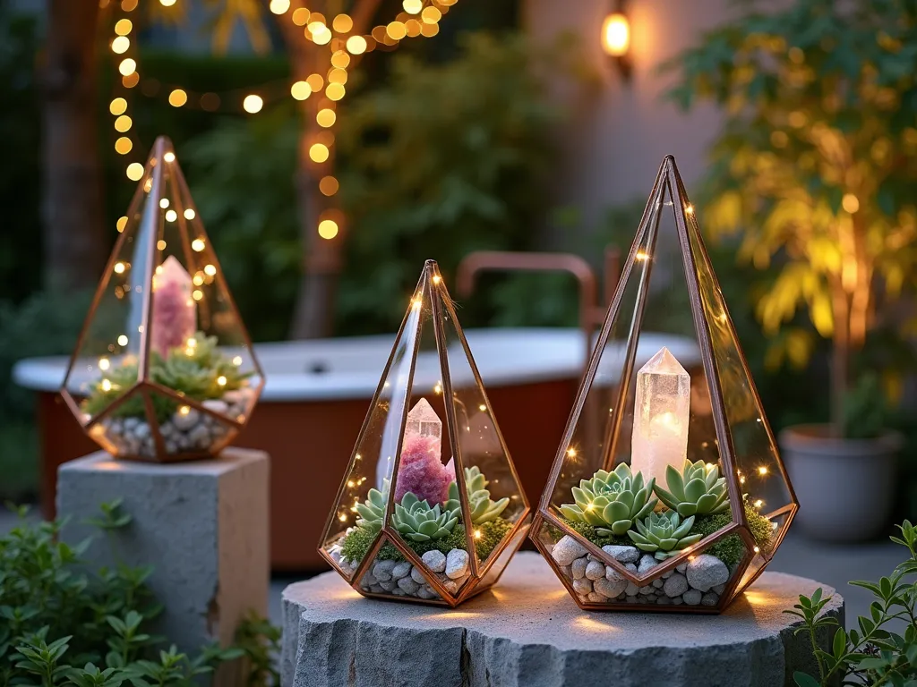 Mystical Terrarium Garden Sanctuary - A close-up DSLR photo of an elegant outdoor garden oasis at dusk, featuring a collection of geometric glass terrariums arranged on natural stone pedestals. The terrariums contain an artful arrangement of miniature succulents, including Echeveria, Haworthia, and String of Pearls, interspersed with raw amethyst, rose quartz, and clear quartz crystals. Soft golden fairy lights weave between the terrariums, creating a magical ambiance. The terrariums are positioned around a vintage-style copper soaking tub surrounded by climbing jasmine and potted bamboo. Shot with a wide-angle lens at f/8, capturing the ethereal golden hour lighting filtering through the glass structures and creating prismatic reflections across the scene. The composition emphasizes the interplay between the geometric shapes, organic plant forms, and crystalline structures.