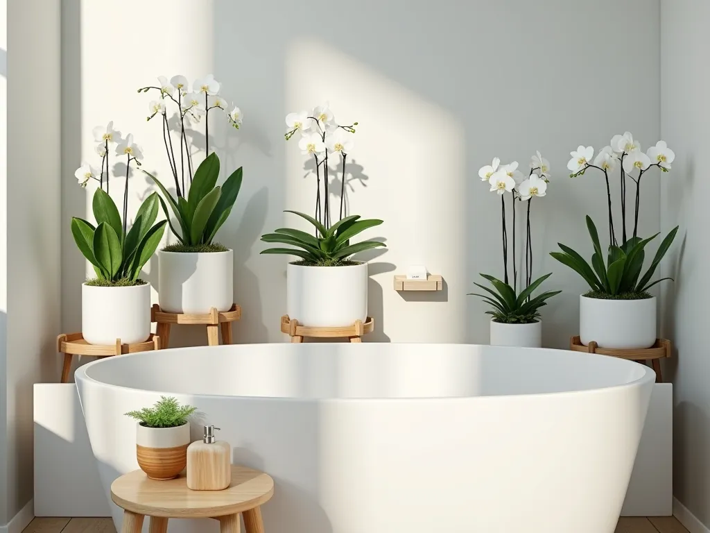 Nordic Bathroom Garden Sanctuary - A serene bathroom garden tub setting photographed in soft morning light, featuring sleek white cylindrical and geometric planters arranged on minimalist wooden stands of varying heights. The planters showcase a curated collection of Nordic-inspired greenery including Swedish Ivy, Peace Lily, and white Phalaenopsis orchids. Natural bamboo bath accessories and a light wooden stool complement the scene. The composition is captured from a medium-wide angle using a DSLR camera with natural lighting highlighting the clean lines and Scandinavian simplicity. The white porcelain tub creates a pristine backdrop for the botanical display, with subtle shadows casting geometric patterns. Shot at f/8, ISO 100, 1/125 sec for optimal clarity and depth.