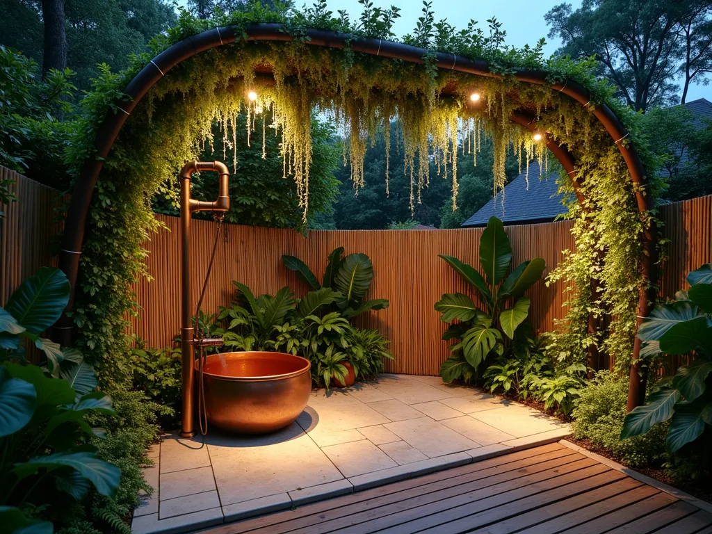 Luxurious Outdoor Rainforest Shower Sanctuary - A stunning outdoor garden shower space at dusk, photographed with a DSLR wide-angle lens. A curved copper shower rod gracefully arcs overhead, supporting cascading pothos, Spanish moss, and delicate air plants that create a natural living canopy. Soft LED uplighting filters through the foliage, casting intricate leaf shadows on the natural stone flooring. The space features a freestanding copper soaking tub surrounded by tropical ferns and monstera deliciosa plants. Bamboo privacy screens covered in climbing philodendrons frame the scene, while teak decking adds warmth. Crystal-clear water reflects the botanical canopy above, creating a serene, spa-like atmosphere. The lighting creates a magical interplay between the plants and water, captured with perfect exposure to highlight both shadow and detail.