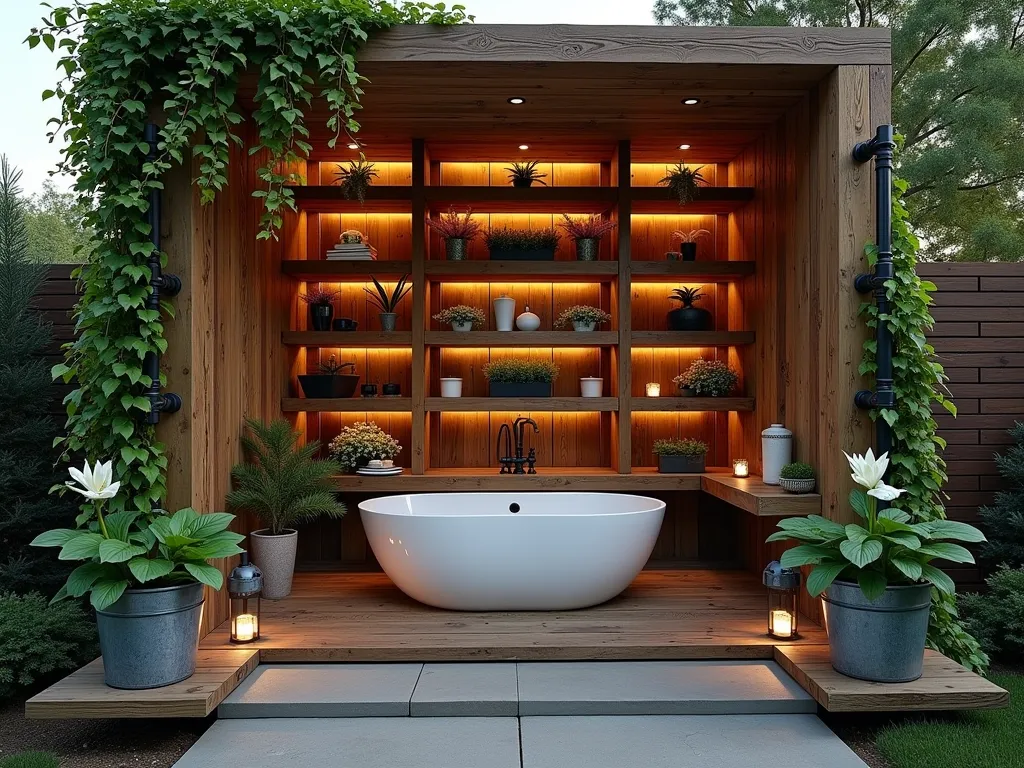 Industrial-Rustic Garden Tub Plant Display - A luxurious garden tub alcove at dusk, featuring a dramatic floor-to-ceiling reclaimed barn wood shelf system with black iron pipe supports. Cascading Boston ferns and English ivy spill from weathered metal planters, while potted peace lilies rest on rough-hewn wooden platforms. Ambient lighting casts warm shadows through the foliage, creating an intimate spa-like atmosphere. The contrast between the aged wood's natural grain and the sleek metal fixtures creates a stunning organic-industrial aesthetic, photographed in a wide-angle view to capture the full architectural impact.