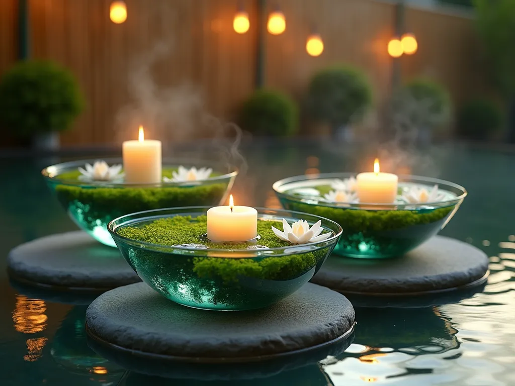 Tranquil Floating Moss Garden Display - A close-up, dreamy photograph of an elegant outdoor garden spa setting at dusk, featuring three handcrafted glass bowls of varying sizes arranged on natural stone. The bowls contain crystal-clear water with delicate clusters of vibrant Java moss and white water lilies floating gracefully. Soft, glowing ivory candles float among the moss, creating magical reflections on the water's surface. The scene is set against a blurred background of bamboo screens and hanging string lights, with subtle steam rising from the water, captured in golden hour lighting that casts warm highlights on the glass surfaces. Photorealistic, high-end spa aesthetic, serene atmosphere, 85mm lens, shallow depth of field.