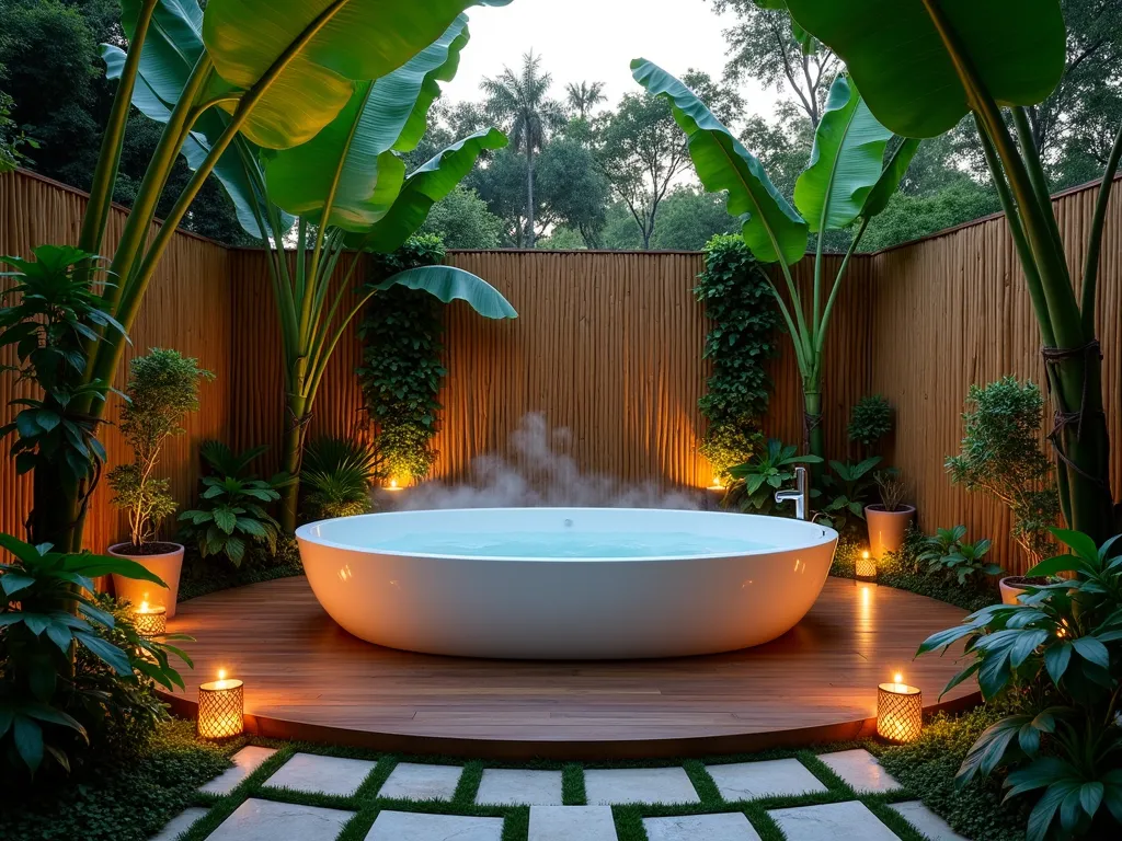 Tropical Garden Tub Oasis - A luxurious outdoor garden tub nestled within a lush tropical paradise at dusk, surrounded by towering monstera deliciosa and dramatic bird of paradise plants. Natural bamboo privacy screens frame the scene, while a curved teak wood deck cradles the freestanding white soaking tub. Soft landscape lighting illuminates the massive banana leaves from behind, creating dramatic shadows. Climbing vines cascade from elevated planters, while strategically placed copper lanterns cast a warm, intimate glow. The wide-angle perspective captures the entire sanctuary-like setting, with steam gently rising from the water's surface, suggesting perfect bathing temperature. Natural stone pavers create a path leading to this private outdoor spa retreat, with small water features providing gentle ambient sounds.