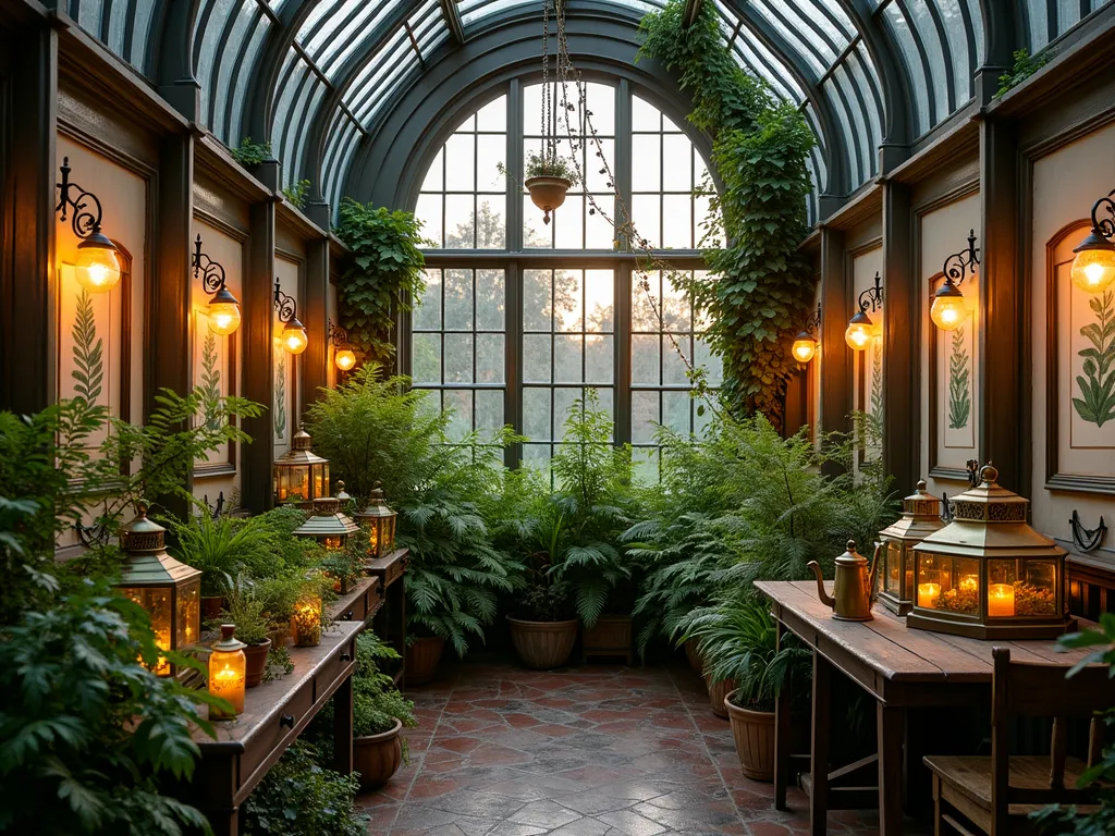 Victorian Garden Conservatory with Ornate Plant Display - A stunning Victorian-style garden conservatory at dusk, featuring tall arched windows and glass panels, illuminated by warm vintage lanterns. An ornate wrought-iron plant stand takes center stage, adorned with cascading Boston ferns and trailing English ivy. Antique brass terrariums housing delicate maidenhair ferns are scattered throughout. The space is decorated with framed botanical prints of exotic ferns and flora in gilded frames. Cathedral ceilings with exposed iron framework add architectural interest, while climbing ivy frames the window panes. A vintage brass watering can and gardening tools rest on a weathered wooden table, creating an authentic period atmosphere. Shot from a wide angle to capture the grandeur of the space, with golden hour light filtering through the glass panels, casting intricate shadows from the architectural details.