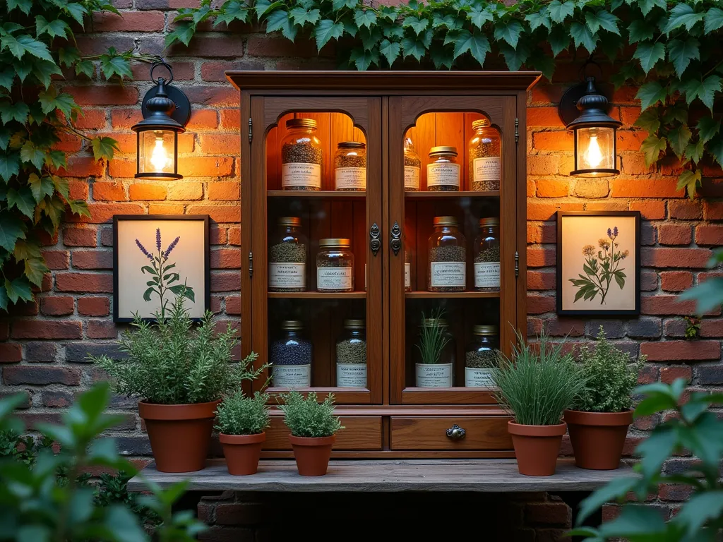 Vintage Apothecary Garden Corner - A cozy garden corner at dusk featuring an antique wooden apothecary cabinet against a weathered brick wall, illuminated by warm vintage lanterns. The cabinet's glass-fronted shelves display an elegant collection of aged amber and clear glass apothecary jars filled with dried lavender, rosemary, and chamomile. Vintage botanical prints in brass frames adorn the wall, while climbing ivy gracefully frames the scene. A rustic wooden potting table beneath holds artfully arranged terra cotta pots with fresh herbs. Shot with shallow depth of field focusing on the delicate details of handwritten botanical labels and the interplay of golden hour light through the glass jars. DSLR wide-angle capture at f/8, ISO 100, 1/125 sec.