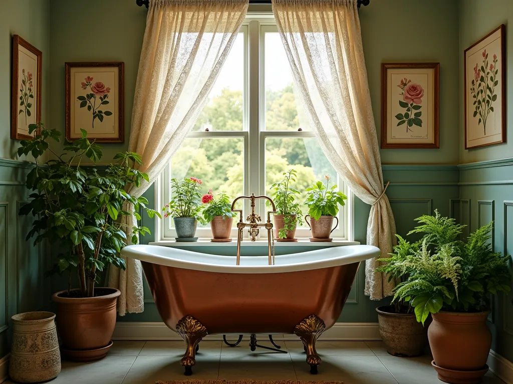 Vintage English Garden Bathroom Sanctuary - A serene garden-inspired bathroom at dusk, photographed in dramatic wide angle. An elegant clawfoot tub sits in front of a bay window, surrounded by weathered copper and brass plant containers overflowing with climbing English roses, cascading ivy, and delicate Victorian ferns. Soft golden light filters through vintage lace curtains, illuminating antique botanical prints on sage green walls. Ornate ceramic vases and weathered terracotta pots with fresh-cut garden roses add authenticity. The scene captures the romantic, lived-in charm of an English country garden brought indoors, with muted colors and rich textures creating a painterly quality reminiscent of cottage core aesthetics.