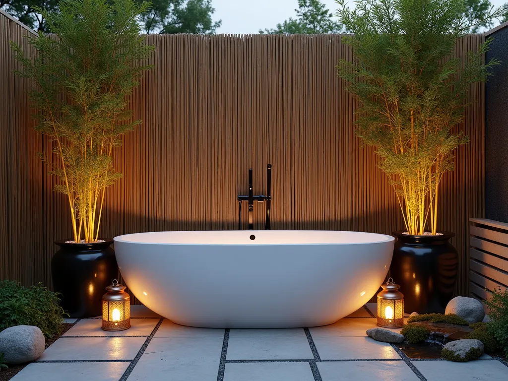 Zen Bathroom Garden with Bamboo Privacy Screen - A serene outdoor bathroom sanctuary at dusk, photographed with a wide-angle lens capturing a luxurious freestanding white soaking tub nestled against a tall decorative bamboo privacy screen. Natural golden bamboo stalks create elegant shadows on smooth stone pavers. Potted bamboo plants in black ceramic planters flank the tub, while oriental-style copper lanterns cast a warm glow. A small water feature trickles nearby, with carefully placed river rocks and moss adding texture. The scene is captured with soft evening light filtering through the bamboo leaves, creating a peaceful Asian garden atmosphere. Shot at f/2.8 with subtle depth of field and natural bokeh effect.