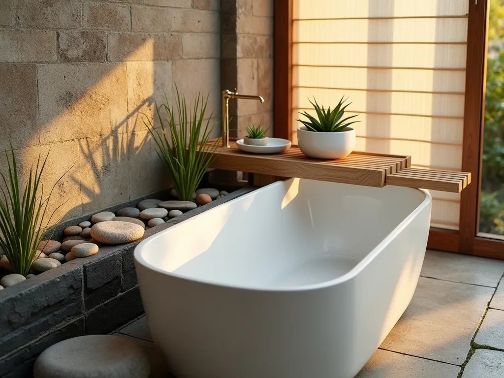 Tranquil Zen Garden Bathroom Oasis - A serene corner bathroom setting captured at golden hour, featuring a luxurious freestanding white soaking tub nestled against a natural stone accent wall. The space is transformed into a zen sanctuary with a carefully curated miniature rock garden featuring smooth river stones in varying sizes arranged in circular patterns. A sleek bamboo water feature creates gentle cascades next to the tub, while minimalist ceramic planters host Japanese forest grass and delicate air plants. A handcrafted teak bath caddy spans the tub, adorned with polished meditation stones and tiny air plant terrariums. Soft natural light filters through sheer bamboo blinds, creating ethereal shadows across the peaceful space. Shot with a wide-angle perspective to capture the harmonious balance of elements, with selective focus on the zen garden details. Photography style: atmospheric, ethereal, with emphasis on natural textures and peaceful composition.