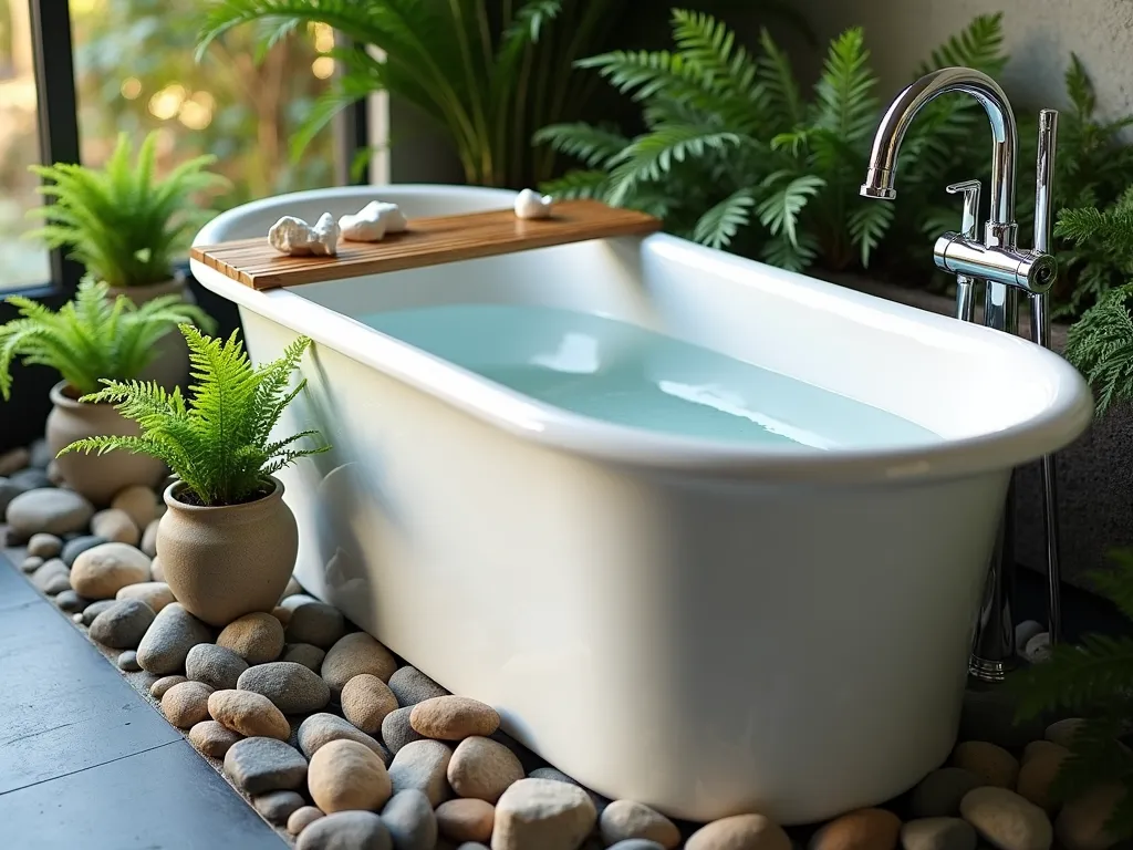 Zen Garden Tub with Natural Stone Border - A luxurious garden tub photographed in soft morning light, surrounded by a meticulously arranged border of smooth, polished river rocks in varying shades of grey and brown. Small Boston ferns and Maidenhair ferns in weathered ceramic pots are nestled between the stones, their delicate fronds creating organic shadows. The natural stone border transitions seamlessly from the white freestanding tub to the slate floor, captured from a 45-degree angle using a wide-angle lens. Crystal-clear water reflects the ambient light, while a bamboo bath caddy adds warmth to the composition. Professional DSLR photo with perfect depth of field highlighting the textural details of the stones and the lush greenery.