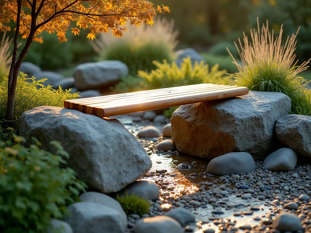 Natural Boulder Stream Garden Bench - A serene garden scene at golden hour featuring a handcrafted wooden bench elegantly spanning between two large, weathered granite boulders. The bench appears to float over a dry stream bed filled with smooth river rocks, pebbles, and small stones in various shades of grey and brown. Japanese forest grass and creeping thyme soften the edges of the boulders, while ornamental grasses sway gently in the background. The scene is captured from a dramatic 45-degree angle, highlighting the interplay between the natural stone elements and the warm-toned wooden slats of the bench. Dappled sunlight filters through nearby Japanese maple branches, creating a peaceful, zen-like atmosphere. The composition includes moss-covered stones and scattered ferns around the base of the boulders, photographed with a shallow depth of field to create a dreamy, artistic quality.