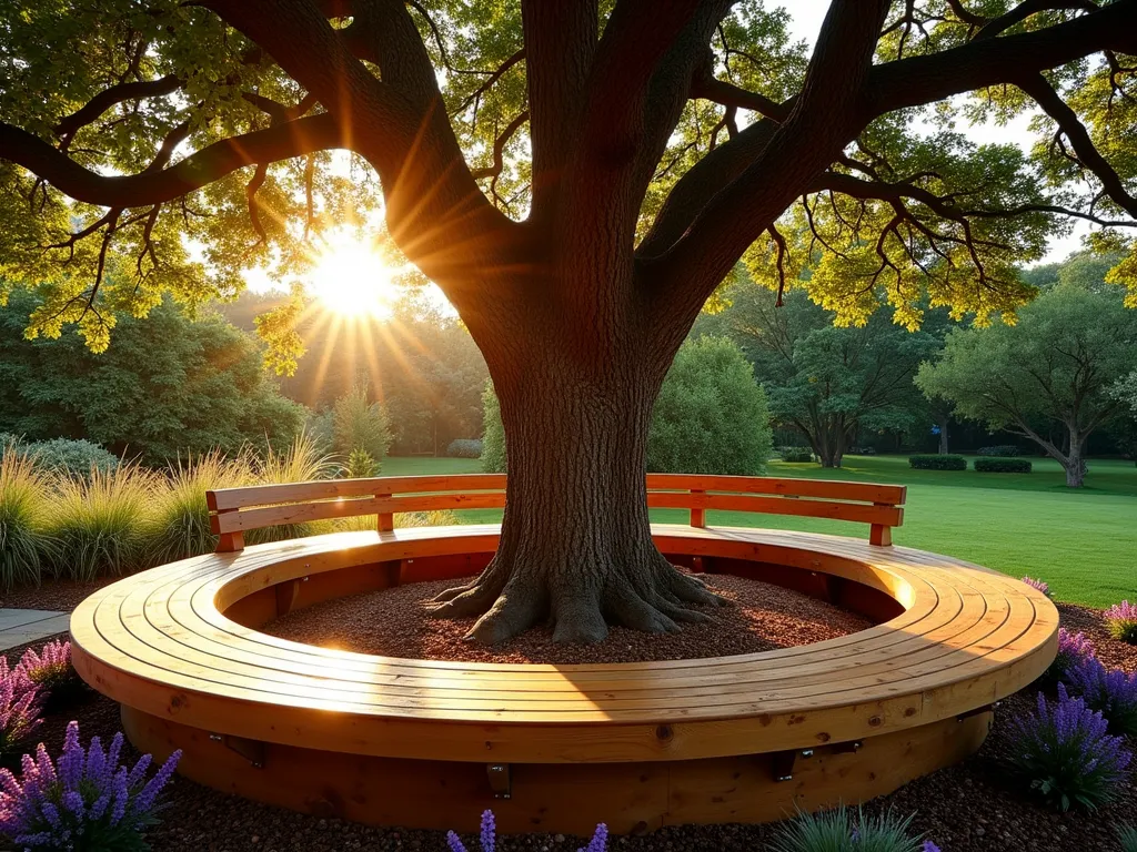 Circular Tree Bench at Sunset - A stunning circular wooden bench elegantly wraps around a mature oak tree in a well-maintained garden, photographed during golden hour. The custom-built bench features natural cedar planks with ergonomic curved backing, creating a perfect 360-degree seating arrangement. Dappled sunlight filters through the tree's canopy, casting intricate shadows on the bench and surrounding mulched area. Lush ornamental grasses and purple salvia border the circular design, while string lights drape from the tree's branches. Shot from a 45-degree angle using a wide-angle lens to capture both the grand scale of the tree and the intimate seating arrangement. The warm evening light highlights the rich wood tones and creates a magical, welcoming atmosphere.