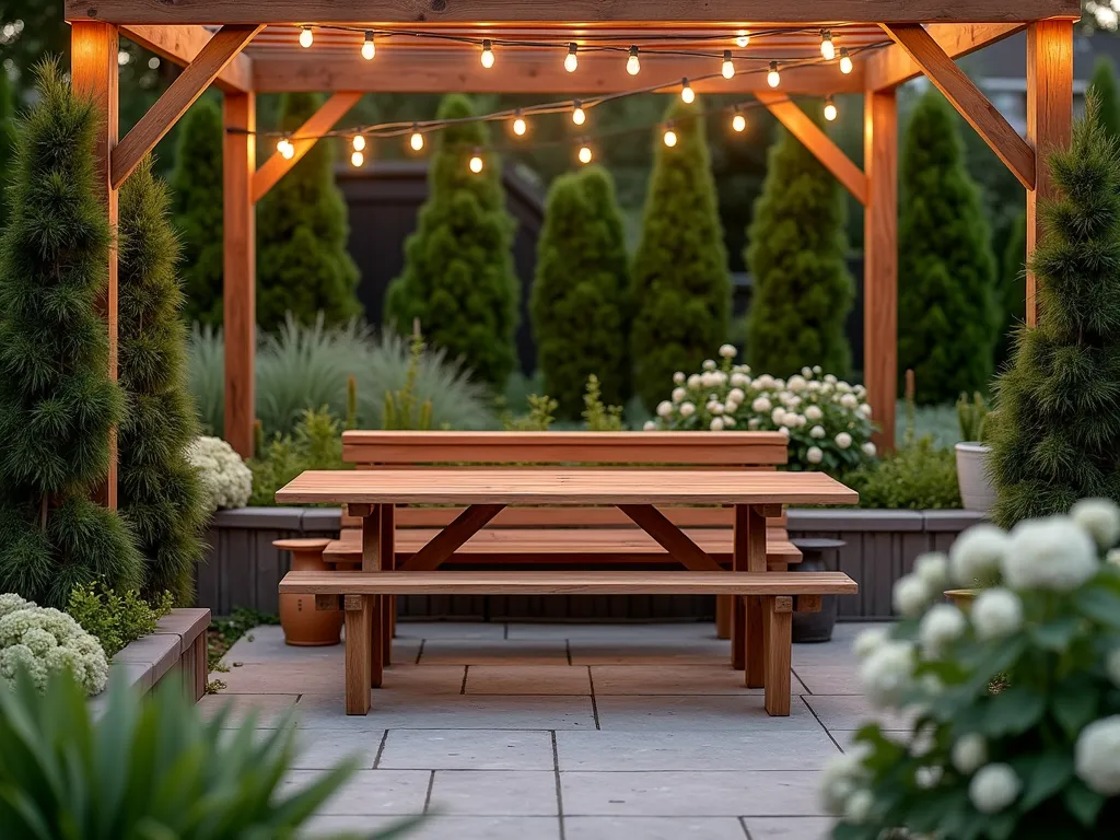 Modern Convertible Garden Bench Table - A stunning wide-angle dusk shot of a modern wooden convertible bench-to-table in a cozy garden setting, photographed at f/8. The cleverly designed piece is shown mid-transformation from bench to picnic table, crafted from rich teak wood with sleek metal hardware. Positioned on a natural stone patio surrounded by lush ornamental grasses and hydrangeas. Soft golden hour lighting casts warm shadows across the scene, while string lights twinkle overhead between wooden pergola posts. The compact yet elegant design showcases both seating and table configurations, demonstrating space-saving functionality. The background features a curated mix of evergreen shrubs and flowering perennials, creating a serene garden atmosphere. Ultra-detailed craftsmanship visible in the bench's hinges and transformation mechanism. DSLR capture with natural lighting at ISO 100, 1/125 shutter speed, emphasizing the versatile furniture piece against the garden backdrop.