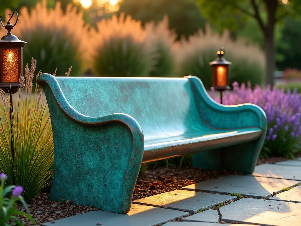 Weathered Copper Garden Bench at Sunset - A stunning wide-angle DSLR photograph of an elegant copper garden bench with a rich verdigris patina, positioned in a contemporary garden setting at golden hour. The bench features flowing architectural lines and a weathered turquoise-green patina that catches the warm evening light. Surrounded by ornamental grasses and contemporary landscaping, with soft-focus lavender and Japanese forest grass in the background. Natural stone pavers lead to the bench, while copper lanterns echo the bench's material. Shot at f/8 with dramatic shadows and highlights emphasizing the bench's evolving patina texture. The composition captures both the artistic nature of the bench and its integration into the garden design.