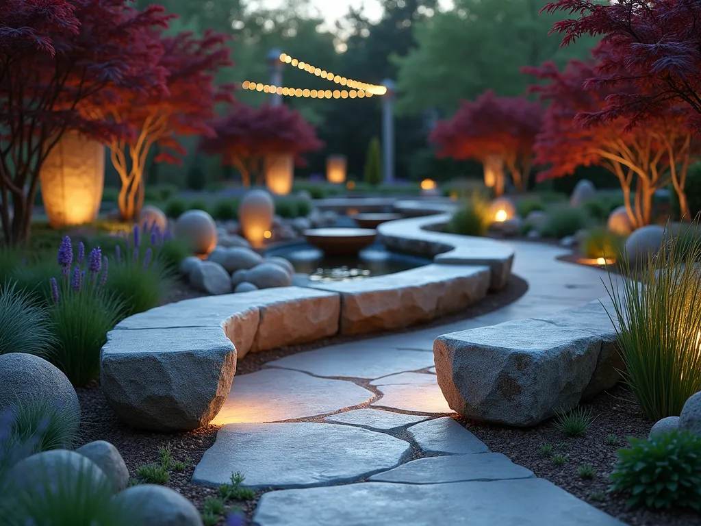 Elegant Curved Stone Garden Bench at Twilight - A sweeping curved stone bench crafted from natural limestone follows a graceful serpentine path through a meticulously landscaped garden, photographed at twilight with soft ambient lighting. The bench wraps elegantly around a circular water feature with gentle cascades, surrounded by flowing waves of lavender and ornamental grasses. Captured with a wide-angle perspective showcasing the bench's sculptural form against a backdrop of mature Japanese maples with their deep burgundy foliage. Stone lanterns cast a warm glow on the bench's weathered surface, while strategic landscape lighting illuminates the curved path. Soft bokeh effect in the background with string lights draped in distant trees. Shot at golden hour with dramatic shadows and highlights emphasizing the bench's organic curves and textured stone surface. 16-35mm lens at f/2.8, ISO 400.