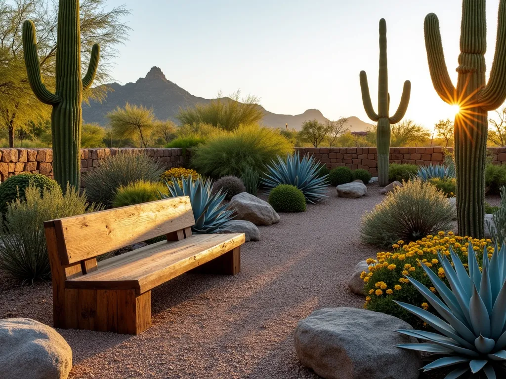 Desert Oasis Garden Bench at Sunset - A serene desert garden scene at golden hour, featuring a rustic wooden bench with weathered teak finish nestled within a thoughtfully designed xeriscape. The bench sits on a crushed decomposed granite path, surrounded by dramatic succulents, towering saguaro cacti, and flowing ornamental grasses. Silver-blue agave plants create architectural interest, while yellow-flowering desert marigolds add pops of color. Desert stones and natural boulders frame the scene, with soft evening light casting long shadows across the textured landscape. A small cor-ten steel water feature provides a subtle focal point, its weathered patina complementing the desert palette. Wide-angle perspective captures the entire peaceful setting with mountains silhouetted in the background.