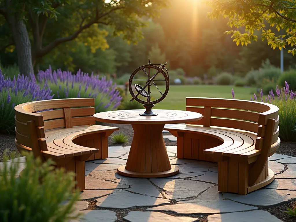 Educational Sundial Garden Bench - A stunning circular wooden garden bench surrounds an ornate bronze sundial centerpiece in a serene garden setting, photographed during golden hour. The bench features elegant curved sections made from teak wood, forming a complete circle around a raised pedestal with an intricate working sundial. Lush lavender and ornamental grasses sway gently in the background, while stepping stones lead to the bench. The scene is captured from a 3/4 elevated angle, showing the sundial's shadow cast across its face. Natural dappled sunlight filters through nearby trees, creating a peaceful educational retreat. Shot with shallow depth of field highlighting the sundial's detailed markings and the rich wood grain of the bench.