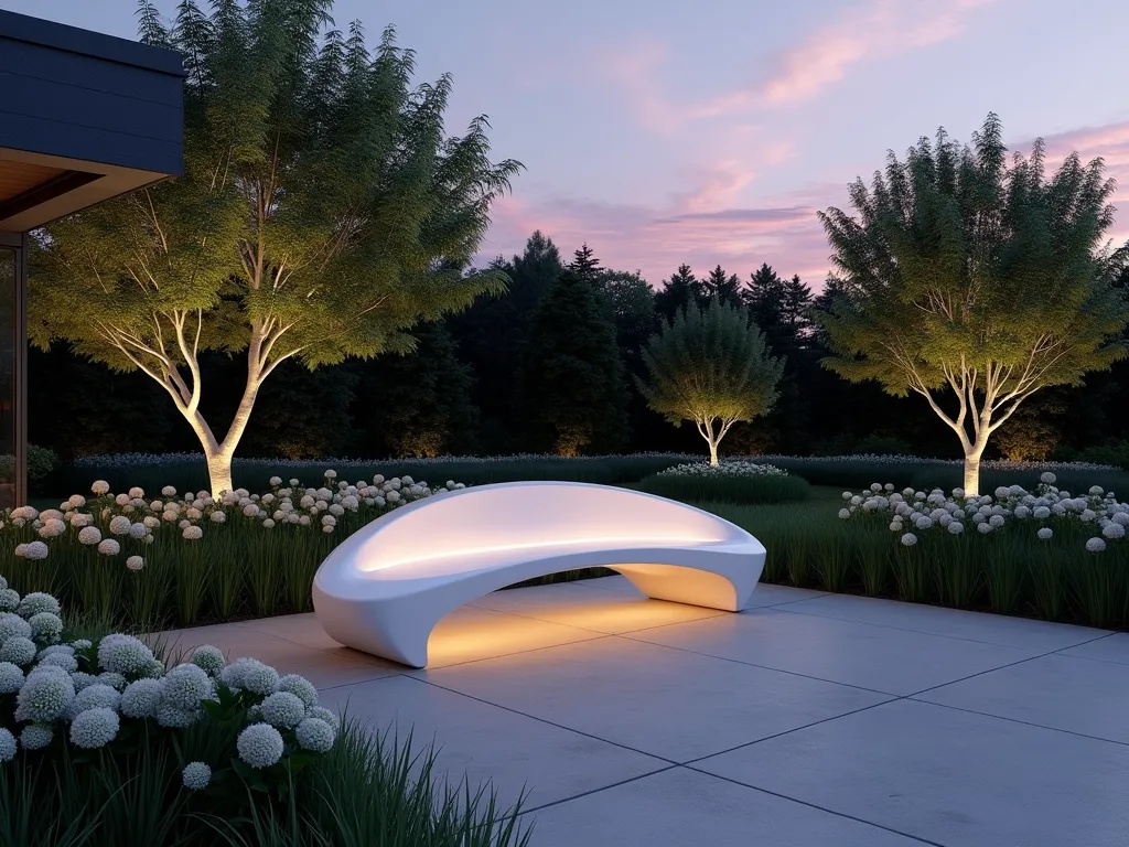 Modern Floating Cloud Garden Bench - A serene twilight garden scene featuring a minimalist curved white bench that appears to float weightlessly above a polished concrete pad. The bench's organic, cloud-like form is illuminated by subtle landscape lighting, casting a gentle glow against surrounding Japanese Forest Grass and white flowering Hydrangeas. Shot with a wide-angle lens capturing the bench's ethereal presence against a backdrop of softly lit Japanese Maples. The hidden mounting system creates a captivating illusion of levitation, while modern architectural elements frame the dreamlike vignette. Soft evening light enhances the magical atmosphere, with wispy clouds visible in the purple-orange sky above.