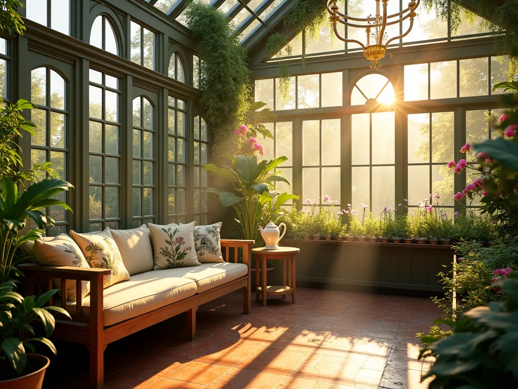 Cozy Greenhouse Reading Nook - A serene wide-angle view of a Victorian-style glass greenhouse interior at golden hour, with sunlight streaming through large pristine windows. A plush, weathered teak bench with cream cushions and botanical print pillows sits against one wall, surrounded by lush greenery. Hanging plants cascade from above, while potted orchids and ferns create a natural frame. Steam rises gently from a forgotten cup of tea on a small side table. The warm light creates magical prisms through the glass panels, casting enchanting shadows across the terracotta floor tiles. The bench overlooks neat rows of propagation tables filled with young plants, creating a peaceful sanctuary atmosphere. Photorealistic, high detail, atmospheric lighting.