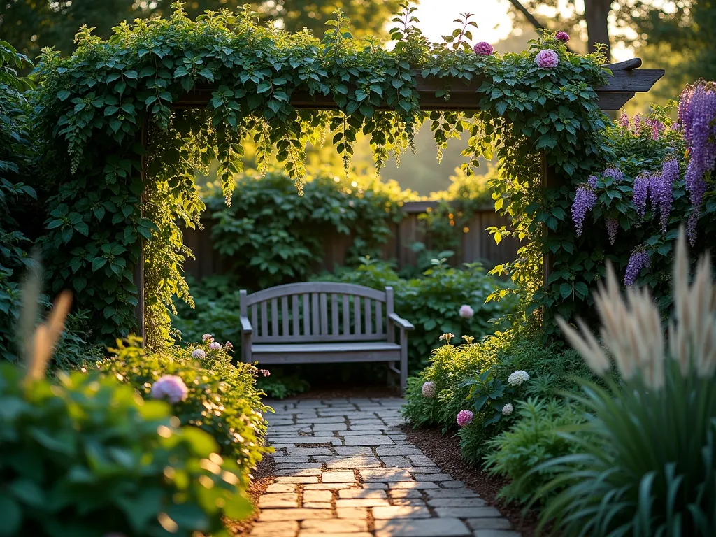 Hidden Grove Garden Bench - A serene twilight garden scene featuring a weathered wooden bench nestled in a secluded corner, photographed with a wide-angle 16-35mm lens at f/2.8. The bench is embraced by lush climbing hydrangea and wisteria vines creating a natural canopy overhead. Dense plantings of hostas, ferns, and shade-loving perennials surround the intimate seating area. Soft evening light filters through the foliage, creating magical light patterns on the rustic stone path leading to the bench. The scene captures a secret garden atmosphere with climbing roses and jasmine on vintage-style trellises, while Japanese forest grass sways gently in the foreground. Shot at golden hour with ISO 400 to capture the ethereal ambiance.