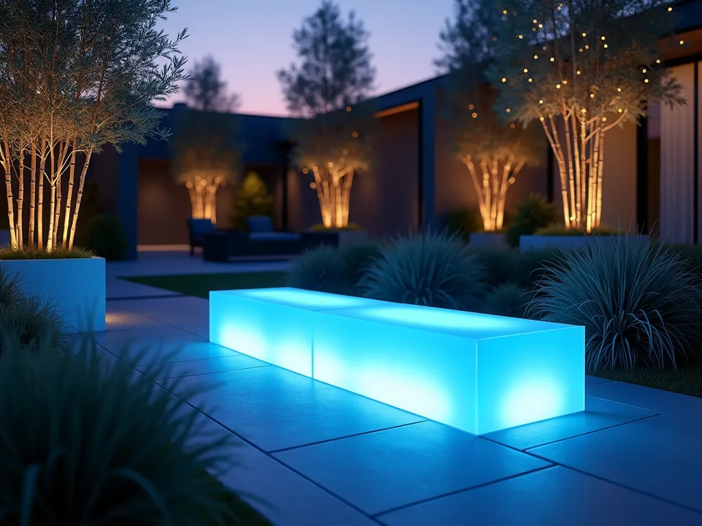 Modern Illuminated Garden Bench at Twilight - A stunning wide-angle DSLR photo of a minimalist translucent acrylic bench glowing with soft blue LED lighting, captured at twilight in a contemporary garden setting. The bench emits an ethereal azure glow that reflects off a nearby smooth stone pathway and illuminates surrounding ornamental grasses. Modern geometric planters with architectural bamboo frame the scene, while string lights draped in mature silver maple trees create a magical bokeh effect in the background. The composition showcases the bench as a centerpiece against a dusky purple sky, with the garden's design elements creating leading lines toward the luminous seating feature. Shot with dramatic depth of field highlighting the bench's crystalline structure and the way light diffuses through its material. The scene captures the perfect balance between modern design and enchanted garden atmosphere.