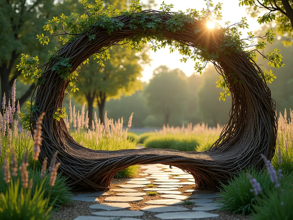 Living Willow Garden Bench - A stunning living willow bench in a tranquil garden setting at golden hour, masterfully woven into an organic arch shape with young willow branches creating a natural canopy. The bench seat is intricately woven with weathered willow, while living shoots sprout fresh green leaves. Soft dappled sunlight filters through the foliage, casting intricate shadows on the natural stone path below. Surrounding the bench are flowing ornamental grasses and wildflowers in muted purples and whites. A wide-angle perspective captures the bench's integration into the garden landscape, with a naturally blurred background featuring mature trees and cottage-style planting. Photorealistic, high detail, atmospheric lighting, cinematic composition.