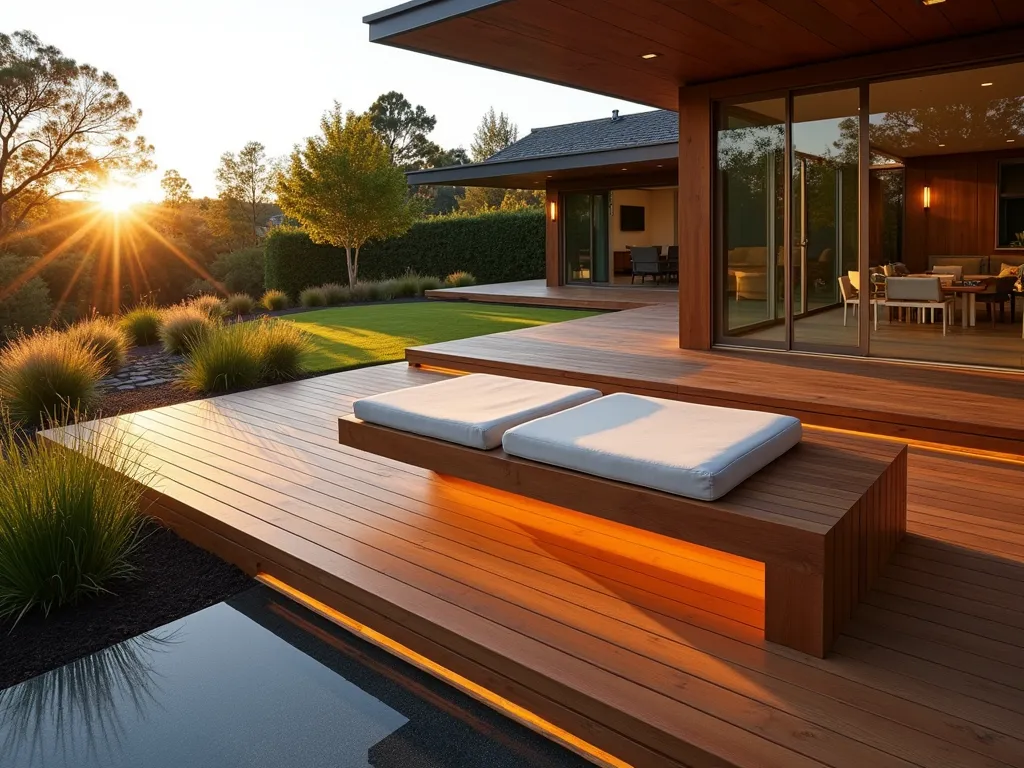 Modern Floating Deck Bench at Sunset - A wide-angle shot of a sleek, modern wooden deck featuring a minimalist floating bench seamlessly integrated into its edge, captured during golden hour. The bench appears to hover weightlessly, crafted from rich ipe wood that matches the deck's warm tones. Clean architectural lines create dramatic shadows in the late-day sun. The deck is surrounded by ornamental grasses and contemporary landscaping, with soft LED strip lighting underneath highlighting the floating effect. Shot with a digital camera at 16mm, f/2.8, ISO 400, emphasizing the bench's floating design and architectural harmony with the modern home visible in the background.