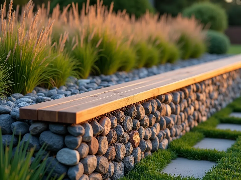 Modern Gabion Stone Garden Bench - A stunning garden bench design featuring a contemporary gabion wall filled with natural stone and topped with warm teak wood seating, photographed during golden hour. The linear gabion wall, stretching 8 feet long and 3 feet high, contains carefully arranged grey and rust-colored stones visible through industrial mesh caging. The floating wooden bench seat, made of rich teak planks, extends along the entire length, creating a striking contrast against the rugged stones. Set against a backdrop of ornamental grasses and Japanese forest grass, with soft evening light casting long shadows across the textured surface. Shot from a 45-degree angle to showcase both the industrial structure and organic elements, with shallow depth of field highlighting the intricate stone patterns. 8K resolution, architectural photography.