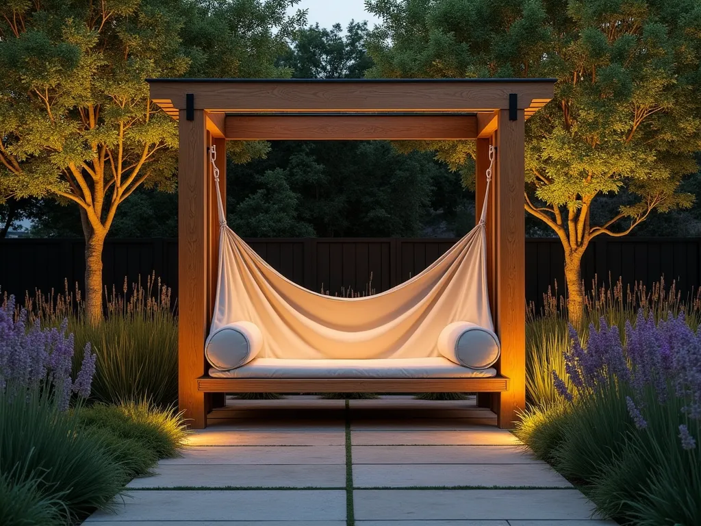 Modern Hammock Bench in Zen Garden - A serene twilight garden scene featuring a modern hybrid hammock-bench design nestled between two wooden posts. The suspended seating area is crafted from weather-resistant canvas in a warm cream color, gently curved to create a cocoon-like comfort zone. The wooden frame maintains clean architectural lines while Japanese maple trees cast dappled shadows across the structure. Natural stone pavers lead to the bench, surrounded by ornamental grasses and lavender. Soft landscape lighting creates a warm, inviting ambiance. Wide-angle perspective captures the entire peaceful setting with the hammock bench as the focal point.