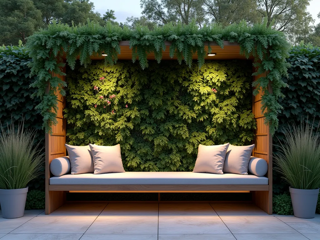 Modern Living Wall Garden Bench at Dusk - A tranquil garden scene at dusk featuring a sleek wooden bench nestled against a lush vertical living wall. The wall cascades with varying shades of green from native ferns, trailing ivy, and flowering plants. Soft ambient lighting illuminates the natural textures of the foliage while casting gentle shadows across the contemporary teak bench. Small LED lights are integrated within the living wall, creating a magical atmosphere. The bench is styled with plush weather-resistant cushions in neutral tones, while potted ornamental grasses frame both ends of the seating area. Shot from a slight angle to capture both the depth of the living wall and the inviting nature of the seating arrangement. Photorealistic, architectural photography style, 8k resolution.