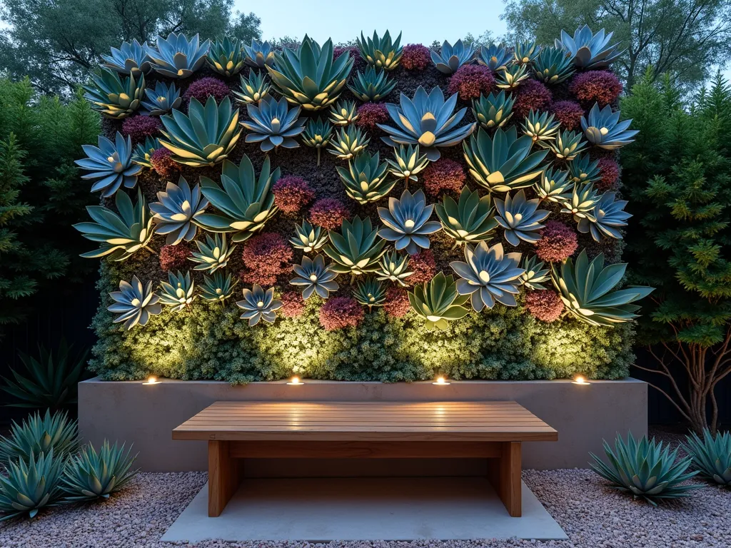 Modern Succulent Wall Garden Bench - A stunning wide-angle twilight shot of a contemporary wooden garden bench nestled against a dramatic living succulent wall. The wall features a meticulously arranged vertical garden of diverse succulents in varying shades of blue-green, silver, and burgundy. The bench, made of smooth teak wood, appears to float against the textured backdrop. Soft landscape lighting illuminates the succulent wall from below, creating ethereal shadows and highlighting the architectural forms of the plants. The composition is photographed at f/2.8 with gentle depth of field, capturing the intricate details of the drought-resistant plants while maintaining the overall atmospheric scene. Small pebbles and desert-appropriate groundcover surround the base of the installation.