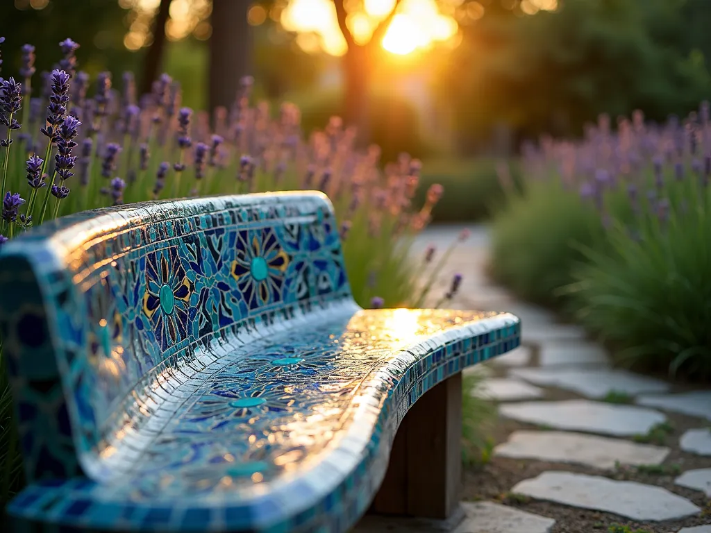 Artistic Mosaic Garden Bench at Sunset - A stunning close-up photograph of a curved garden bench adorned with intricate Mediterranean-inspired mosaic tiles in vibrant blues, turquoise, and gold patterns, set against a lush garden backdrop. The bench is positioned along a winding stone pathway, surrounded by flowering lavender and ornamental grasses that sway gently in the evening light. Warm sunset rays filter through nearby trees, creating a magical play of light on the reflective tile surface. Shot with a shallow depth of field highlighting the detailed tile work while maintaining the garden context. Professional DSLR capture at f/8, ISO 100, 1/125 sec, with natural golden hour lighting enhancing the mosaic's rich colors.