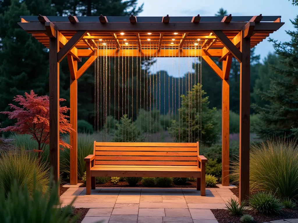 Tranquil Rain Chain Garden Bench at Dusk - A serene garden scene at dusk featuring a handcrafted wooden bench beneath an elegant copper-framed pergola canopy. Multiple copper rain chains cascade from the canopy's edges, catching the warm evening light. The bench is nestled within a lush garden setting with ornamental grasses and Japanese maples. Soft landscape lighting illuminates the rain chains, creating dancing shadows on the natural stone paving below. The composition is captured from a 45-degree angle, showcasing both the architectural details of the canopy and the inviting bench seat with weathered teak cushions. Gentle rain drops are visible falling along the chains, creating a mesmerizing visual effect. Shot with atmospheric depth and bokeh effect, f/2.8, 24mm focal length.