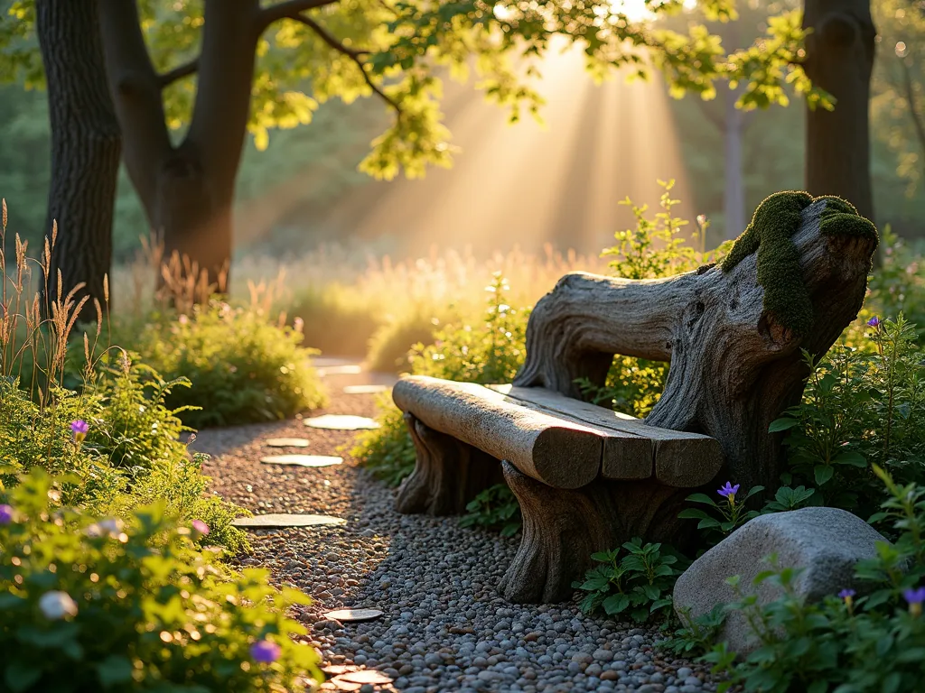 Rustic Log Garden Bench in Morning Light - A serene garden scene at golden dawn, featuring a naturally weathered fallen oak tree trunk transformed into a stunning garden bench, shot at f/2.8 with morning sunlight filtering through towering maple trees. The bench, maintaining its natural bark texture and organic curves, sits along a winding pebble path bordered by wild ferns and native woodland flowers. Soft morning mist hovers near the ground, while dew drops glisten on surrounding foliage. The wide-angle composition shows the bench as a focal point within a naturalistic garden setting, with moss partially covering the log's surface, creating an enchanted woodland atmosphere. Natural stone boulders and ornamental grasses frame the scene, while delicate woodland violets bloom at the bench's base.