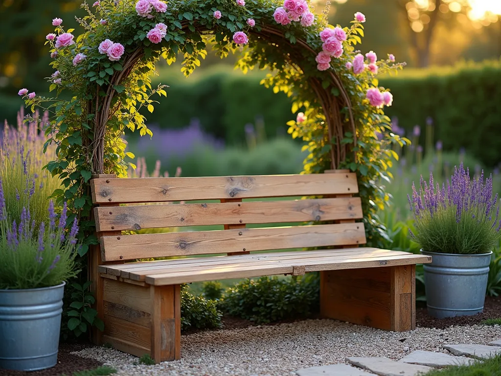 Rustic Pallet Garden Bench at Sunset - A wide-angle DSLR photograph of a handcrafted garden bench made from weathered pallet wood, set against a cottage garden backdrop at golden hour. The bench features a natural, distressed finish with visible wood grain, positioned under a blooming climbing rose arch. Soft evening sunlight filters through nearby lavender and cottage garden perennials, casting warm shadows across the rustic bench's surface. The sustainable pallet wood construction is highlighted by natural patina and character marks, with comfortable seat slats arranged in a horizontal pattern. Vintage-style zinc planters with trailing ivy frame both sides of the bench, while a gravel pathway leads to this inviting seating area. The scene captures the essence of eco-friendly garden design with a cozy, lived-in atmosphere. Shot at f/8 with natural lighting, emphasizing the rich textures of the reclaimed wood and surrounding garden elements.