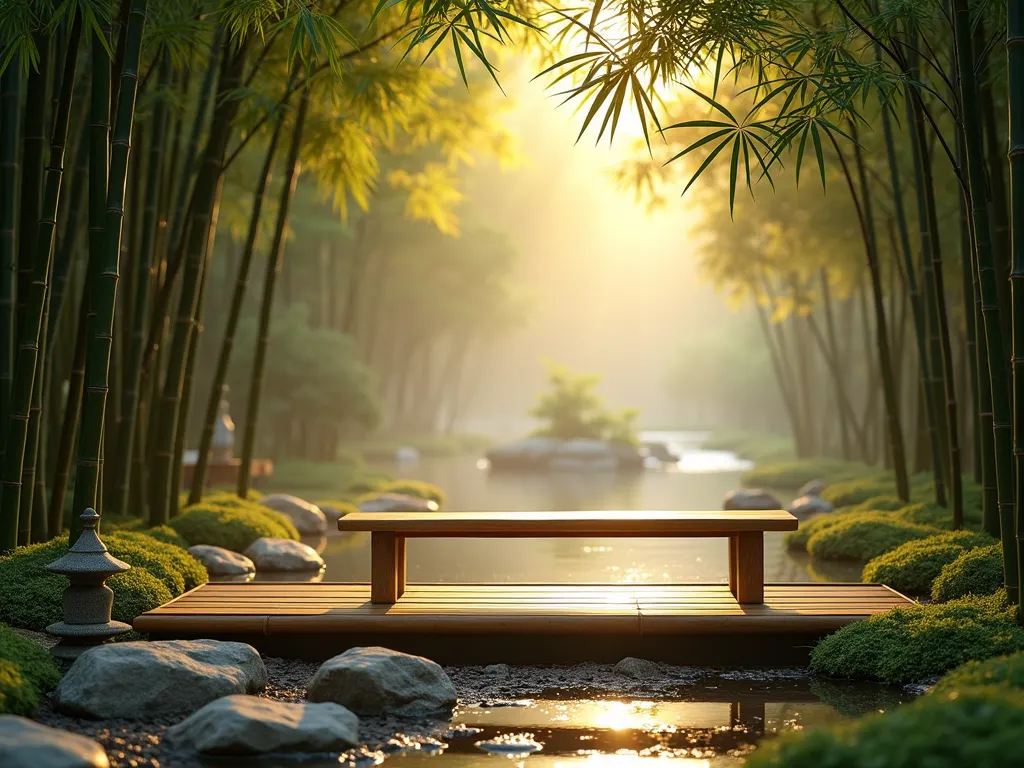 Serene Bamboo Garden Bench at Dawn - A tranquil Asian-inspired garden scene captured at dawn, featuring a handcrafted bamboo bench nestled within a grove of towering bamboo plants (Phyllostachys aurea). Shot from a wide angle perspective, the morning mist gently floats between the bamboo stalks while golden sunlight filters through, creating ethereal rays. The minimalist bench, made from polished bamboo, sits on a natural stone platform surrounded by small moss patches and scattered river rocks. A stone lantern sits quietly to one side, while a small water feature trickles in the background. The composition is photographed with a shallow depth of field, emphasizing the zen-like atmosphere with soft bokeh effects through the bamboo stems. Professional photography with warm morning tones, shot at f/2.8 with a 16-35mm lens, capturing the peaceful serenity of this meditation space.