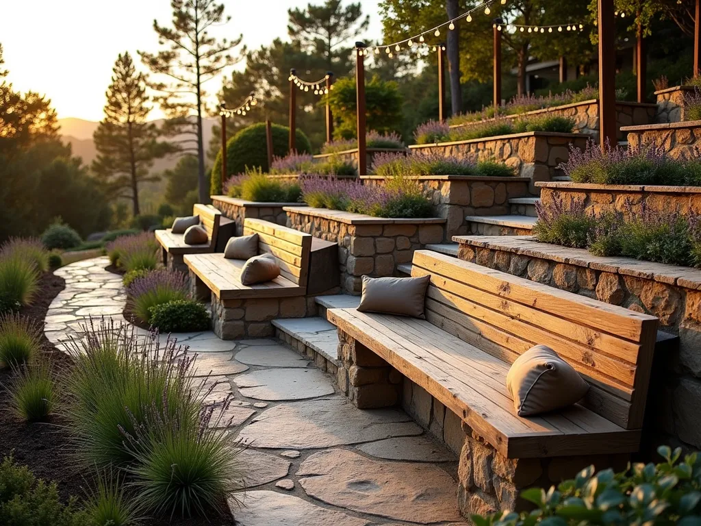 Elegant Terraced Garden Benches at Sunset - A stunning wide-angle DSLR photograph of a beautifully terraced garden with multiple wooden benches cascading down a gentle slope, captured during golden hour. Natural stone retaining walls create three distinct levels, each featuring built-in cedar benches with comfortable cushions. Mediterranean plants and flowering perennials spill over the edges of each terrace. Soft evening light casts long shadows across the weathered wood benches, while string lights draped between wooden posts add a magical ambiance. The foreground shows intricate stone pathways winding between the terraces, with ornamental grasses and lavender creating texture. Shot at f/8 with perfect depth of field, capturing rich details from the natural stone textures to the distant garden views.