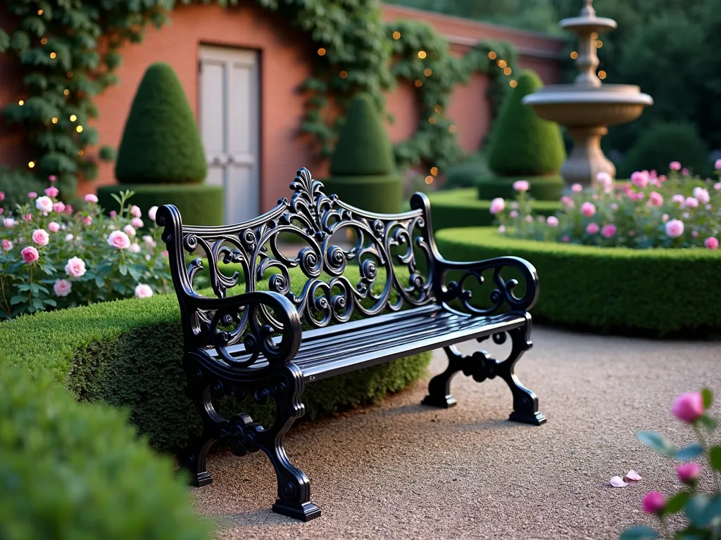 Victorian Wrought Iron Garden Bench in Rose Garden - An elegant black wrought iron Victorian-style garden bench with ornate scrollwork and intricate floral patterns, positioned in a formal English garden at dusk. The bench sits on a curved gravel path, surrounded by blooming pink and white David Austin roses, perfectly manicured boxwood hedges, and climbing roses on a weathered brick wall behind. Soft evening light casts long shadows across the scene, while delicate fairy lights wrapped around nearby topiaries create a magical atmosphere. A classical stone fountain is visible in the background, with the bench positioned at a 45-degree angle to show its detailed metalwork design. Dew-kissed rose petals scatter around the bench's feet, adding romantic charm to this sophisticated garden vignette.