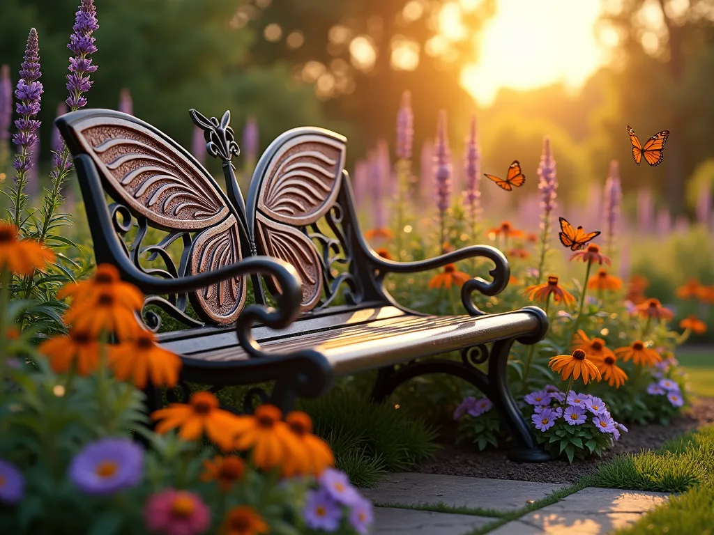 Whimsical Butterfly Garden Bench at Sunset - A magical garden scene at golden hour featuring an ornate metal bench with intricate butterfly wing designs in copper and bronze tones. The bench is nestled within a lush garden setting, surrounded by blooming Echinacea, Butterfly Bush, and native Black-Eyed Susans. Delicate wrought iron butterflies adorn the bench's backrest, casting ethereal shadows. Purple and orange Lantana cascade around the bench's base, while tall Verbena and Lavender create a dreamy backdrop. Natural butterflies hover near the flowers, captured mid-flight. The scene is photographed from a three-quarter angle, with the setting sun creating a warm, magical glow through the foliage. Professional DSLR photograph with pristine clarity and bokeh effect in background. 8K, highly detailed, photorealistic.