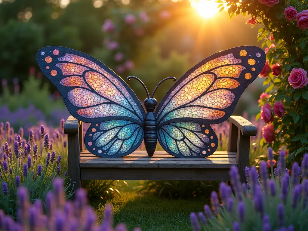 Whimsical Butterfly Garden Bench - A magical golden hour scene of an artistic garden bench designed with large, graceful butterfly wings extending from its back, photographed with a 16-35mm lens at f/2.8, ISO 400. The bench's wings feature an intricate mosaic pattern in shades of blue, purple, and amber, catching the warm evening light. Set in a dreamy cottage garden with lavender and purple coneflowers swaying in the foreground, while climbing roses adorn a nearby trellis. The bench is positioned at a slight angle, with one wing prominently displayed, creating depth and drama. Soft bokeh effect in the background shows blurred flowering shrubs and garden fairy lights, enhancing the whimsical atmosphere. The bench seat is crafted from weathered teak wood, complementing the artistic wing design. Shot from a medium-low angle to emphasize the grandeur of the wings against the garden setting.