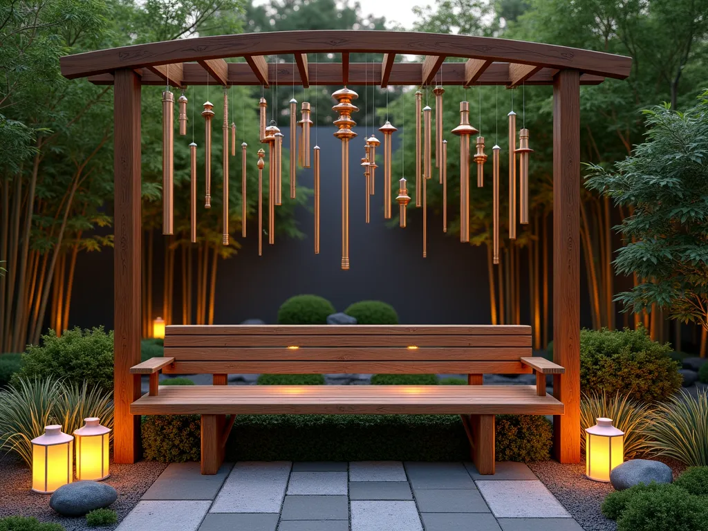 Zen Garden Musical Bench at Dusk - A serene wide-angle shot of a handcrafted wooden garden bench at dusk, nestled in a peaceful Zen garden setting. Multiple copper and brass wind chimes of varying lengths elegantly hang from a curved pergola above the bench, creating a harmonious design. The bench is surrounded by ornamental grasses, Japanese maples, and smooth river stones. Soft evening light filters through the chimes, casting intricate shadows on the weathered teak bench. Several Japanese lanterns provide ambient lighting, while bamboo stalks gently sway in the background. The scene captures a moment of tranquility with some chimes slightly in motion, suggesting a gentle breeze, hyperrealistic style, professional photography, 8K resolution.