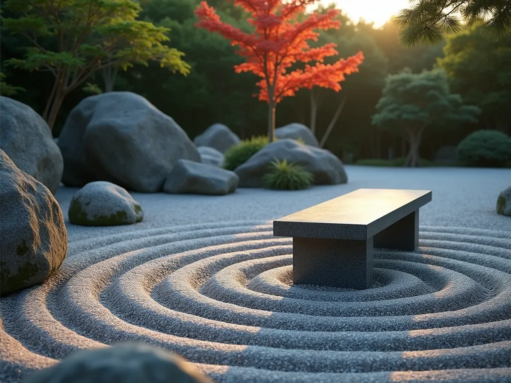 Serene Stone Bench in Japanese Zen Garden - A tranquil Japanese zen garden at dawn featuring a minimalist stone bench carved from granite, positioned along a carefully raked gravel pattern creating concentric circles. The bench is flanked by large weathered boulders and small clusters of bamboo. Shot from a low angle using a 16-35mm lens at f/2.8, capturing the first rays of morning light casting long shadows across the gravel patterns. Moss-covered stones accent the corners, while a single Japanese maple provides a subtle splash of color in the background. The composition emphasizes negative space and geometric patterns, creating a meditative atmosphere.