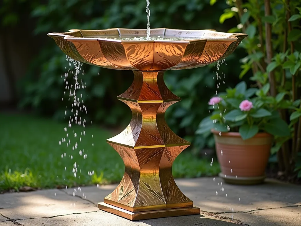 Art Deco Geometric Bird Bath - A stunning Art Deco bird bath in polished copper and brass, featuring bold geometric patterns and stepped tiers against a lush garden background. The bird bath showcases zigzag patterns, sunburst designs, and angular shapes typical of the 1920s style. Dramatic lighting highlights the metallic finish, with water cascading down multiple hexagonal levels. Modern professional photography style, high detail, soft natural lighting, architectural focus.