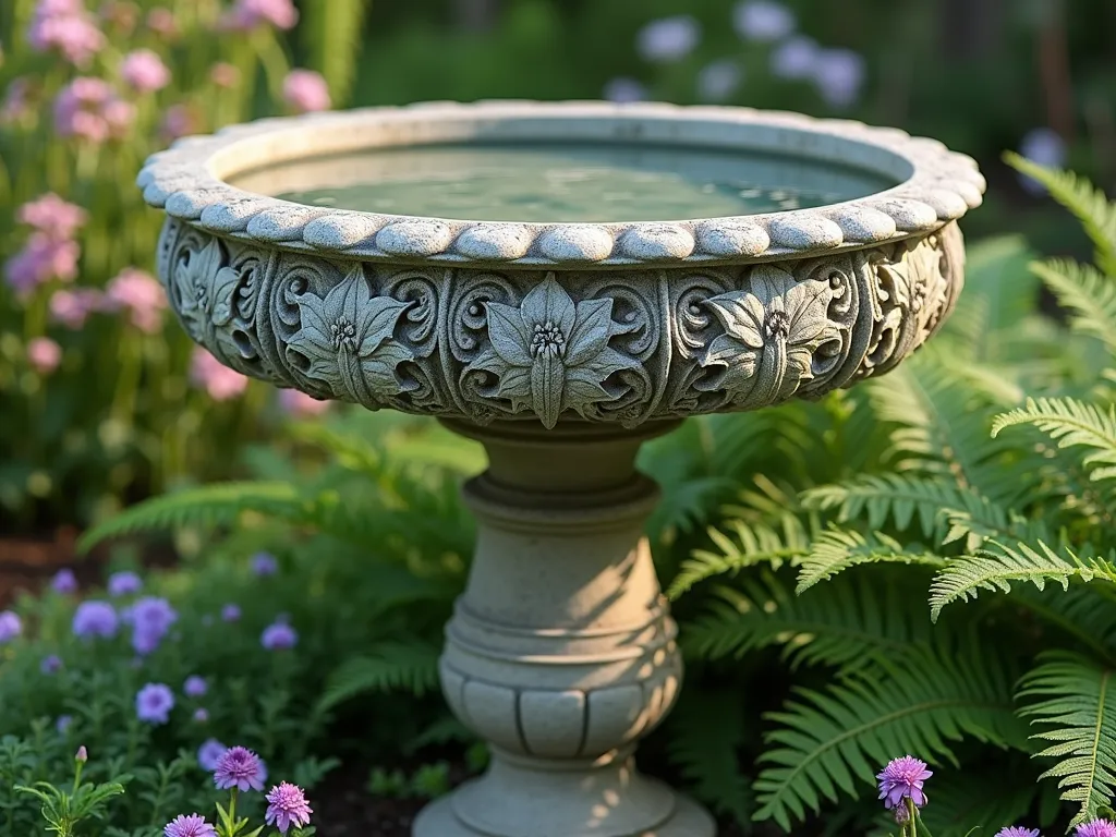 Elegant Botanical Bird Bath with Etched Ferns - A stunning stone bird bath with delicately etched Victorian-era botanical illustrations of ferns, lilies, and morning glories wrapping around its pedestal and basin. The carved details are highlighted with a subtle verdigris patina. Crystal clear water catches afternoon sunlight while surrounded by live ferns and blooming perennials. Photorealistic, high detail, soft natural lighting, garden setting, depth of field.