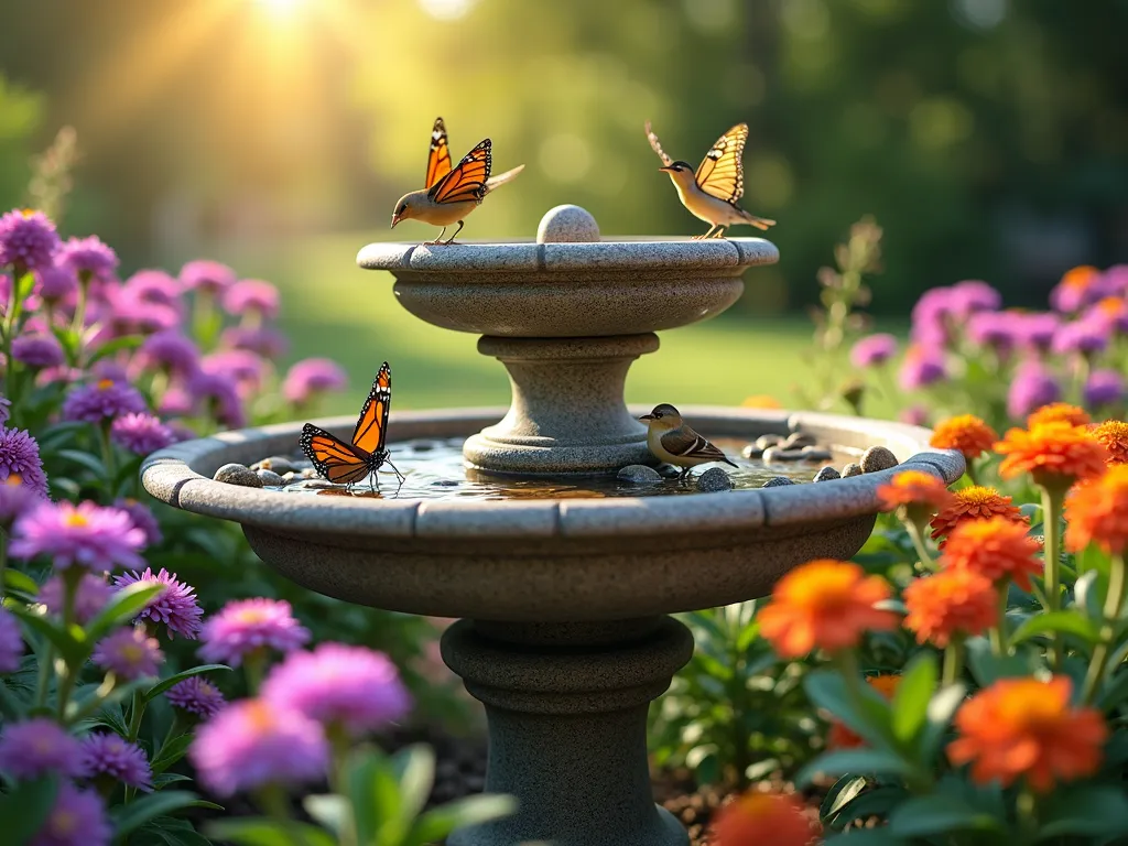 Butterfly and Bird Sanctuary Bath Garden - A serene garden scene featuring an elegant stone bird bath with graduated levels creating shallow pools, surrounded by vibrant butterfly-attracting flowers. The bath has both deep and shallow sections, with small pebbled areas for butterfly puddling. Lush purple coneflowers, bright orange lantana, and pink butterfly bush in full bloom encircle the bath. Golden afternoon sunlight filters through the scene, while several monarch butterflies and a pair of finches gather at the water feature. Captured in a dreamy, nature photography style with soft bokeh effect.