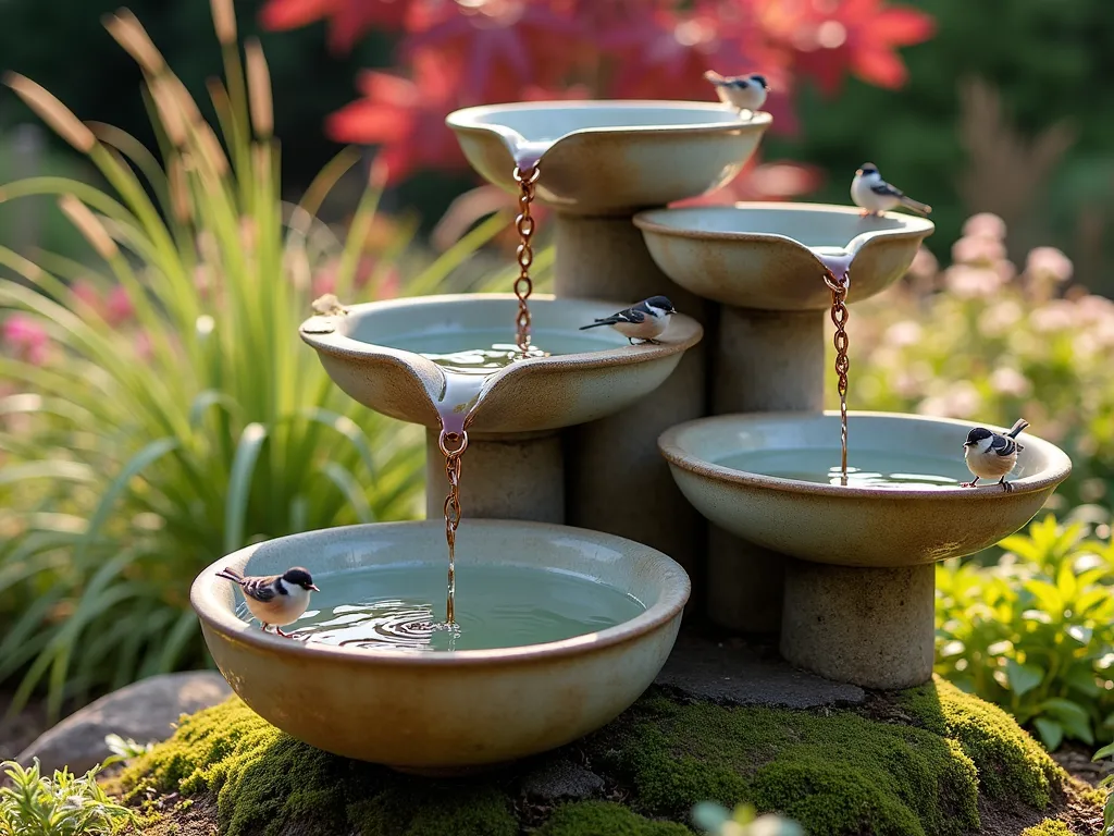 Cascading Rain Chain Bird Bath Garden - A serene garden scene featuring an elegant copper rain chain flowing through a series of handcrafted ceramic bowls at different heights, creating a vertical water feature. The bowls are wide and shallow, perfect for birds, with subtle ripples in the collected rainwater. Surrounded by ornamental grasses and flowering perennials catching golden afternoon light. Small birds perch along the edges of the bowls, while soft moss grows around the base. The background shows a blurred Japanese maple adding a touch of burgundy to the peaceful setting.