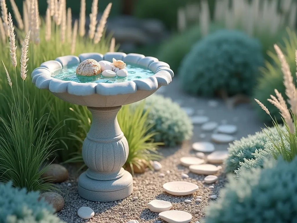 Coastal Serenity Bird Bath Garden - A serene garden scene featuring an elegant stone bird bath adorned with natural seashells and sea glass in soft aqua and seafoam tones. The basin contains small, smooth pebbles and glistening water, creating a miniature shoreline effect. Surrounding the bird bath, tall swaying coastal grasses in silvery-blue hues catch the gentle breeze. Soft, diffused sunlight illuminates the scene, creating a peaceful coastal atmosphere. The garden includes tufts of sea oats and beach grass, with scattered shells and beach glass creating a natural pathway. Hyperrealistic digital art style, professional garden photography aesthetic.